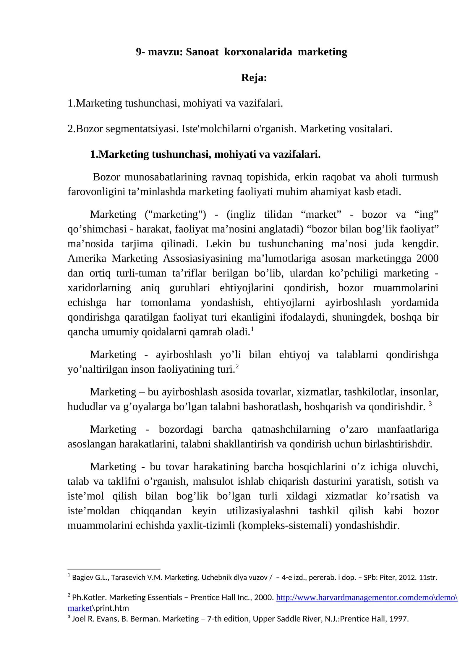 Sanoat korxonalarida marketing