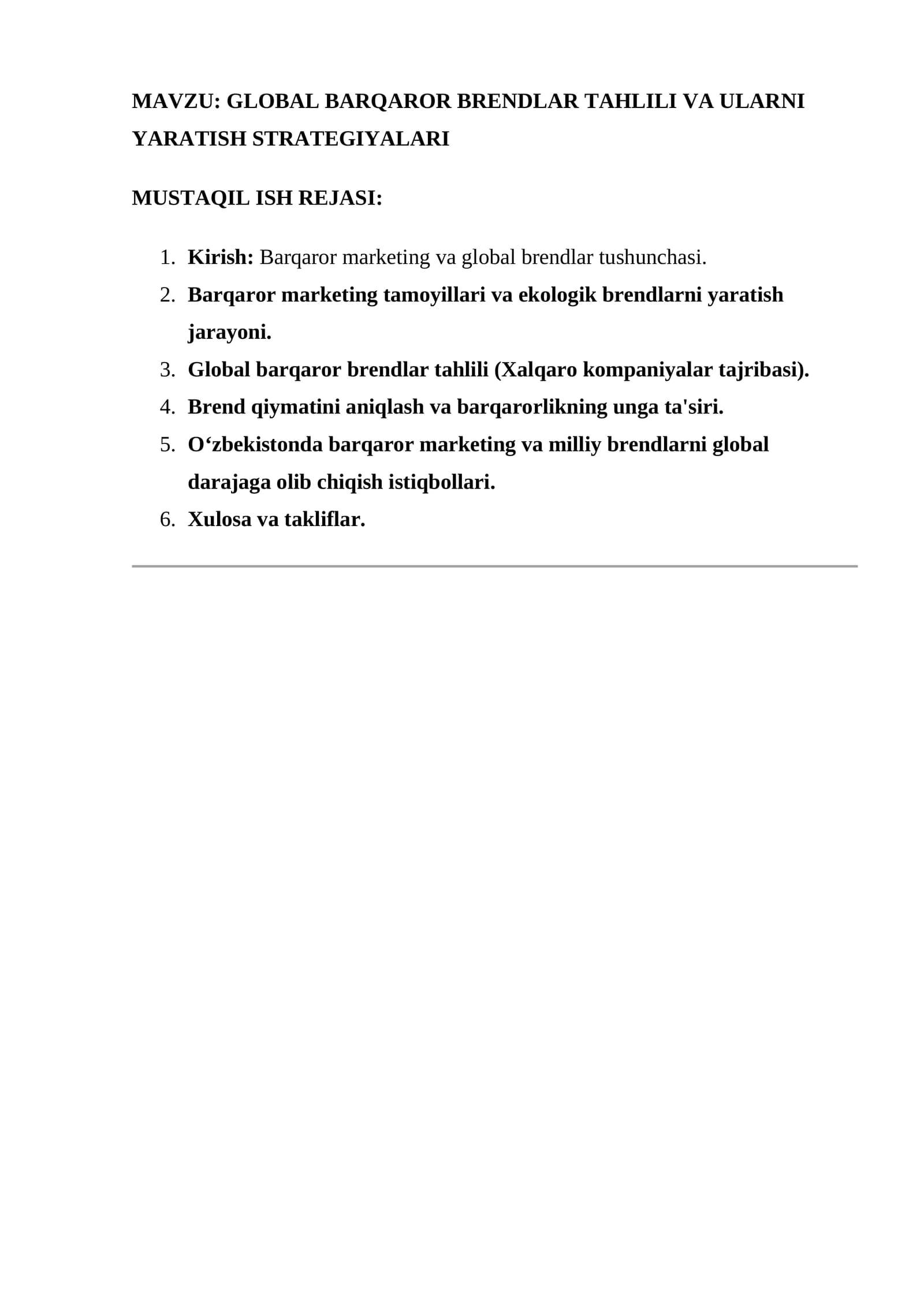 GLOBAL BARQAROR BRENDLAR TAHLILI VA ULARNI YARATISH STRATEGIYALARI