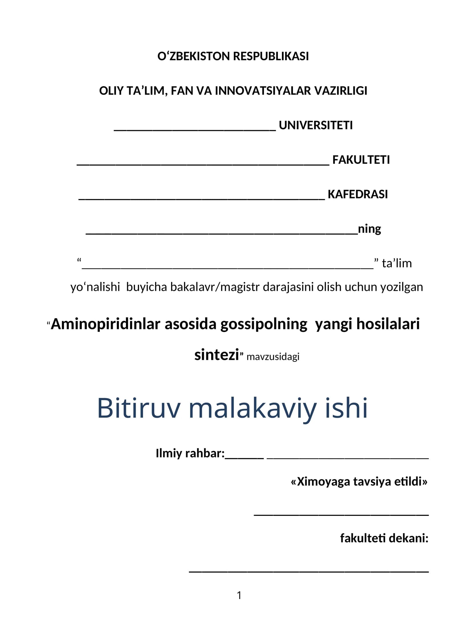 Aminopiridinlar asosida gossipolning yangi hosilalari sintezi