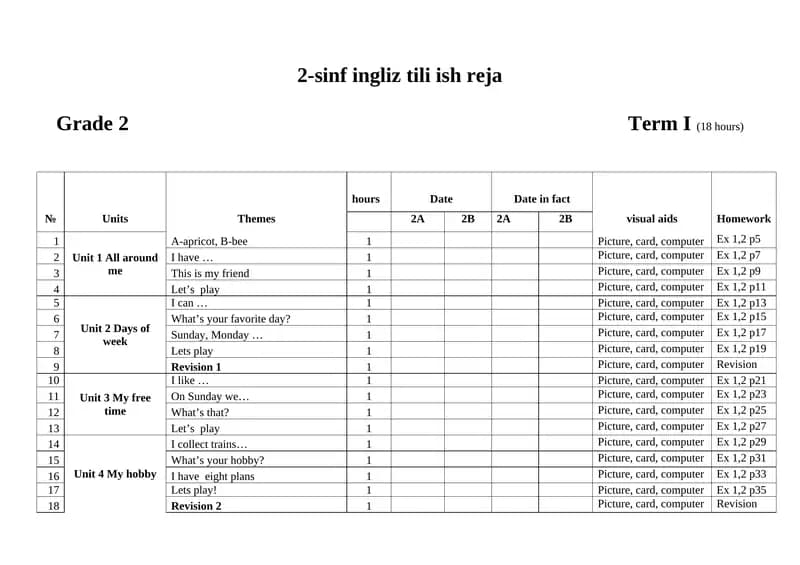 2-sinf ingliz tili ish reja