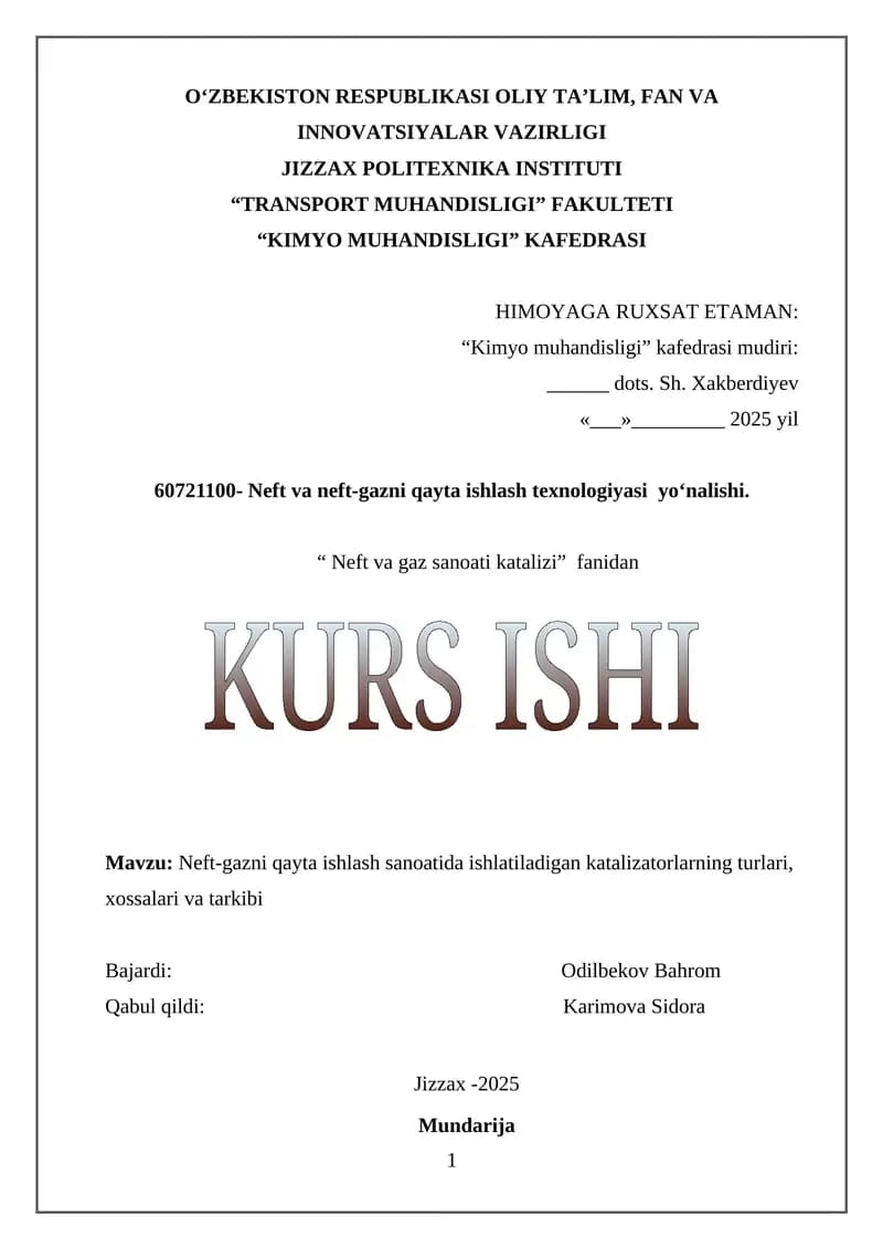 Neft va neft-gazni qayta ishlash texnologiyasi