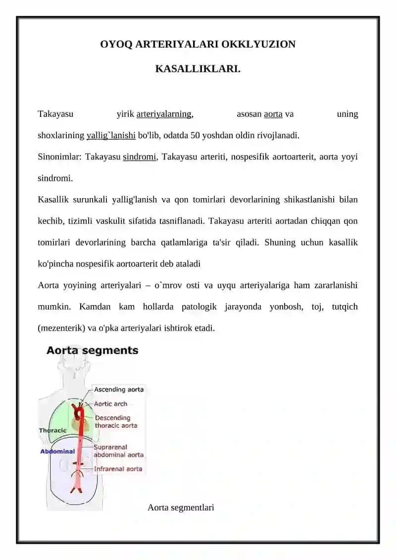 OYOQ ARTERIYALARI OKKLYUZION KASALLIKLARI