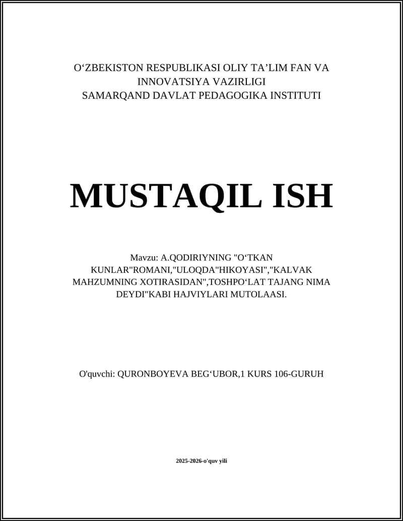 A.Qodiriyning "Oʻtkan Kunlar" Romani Hajviylari Mutolaasi