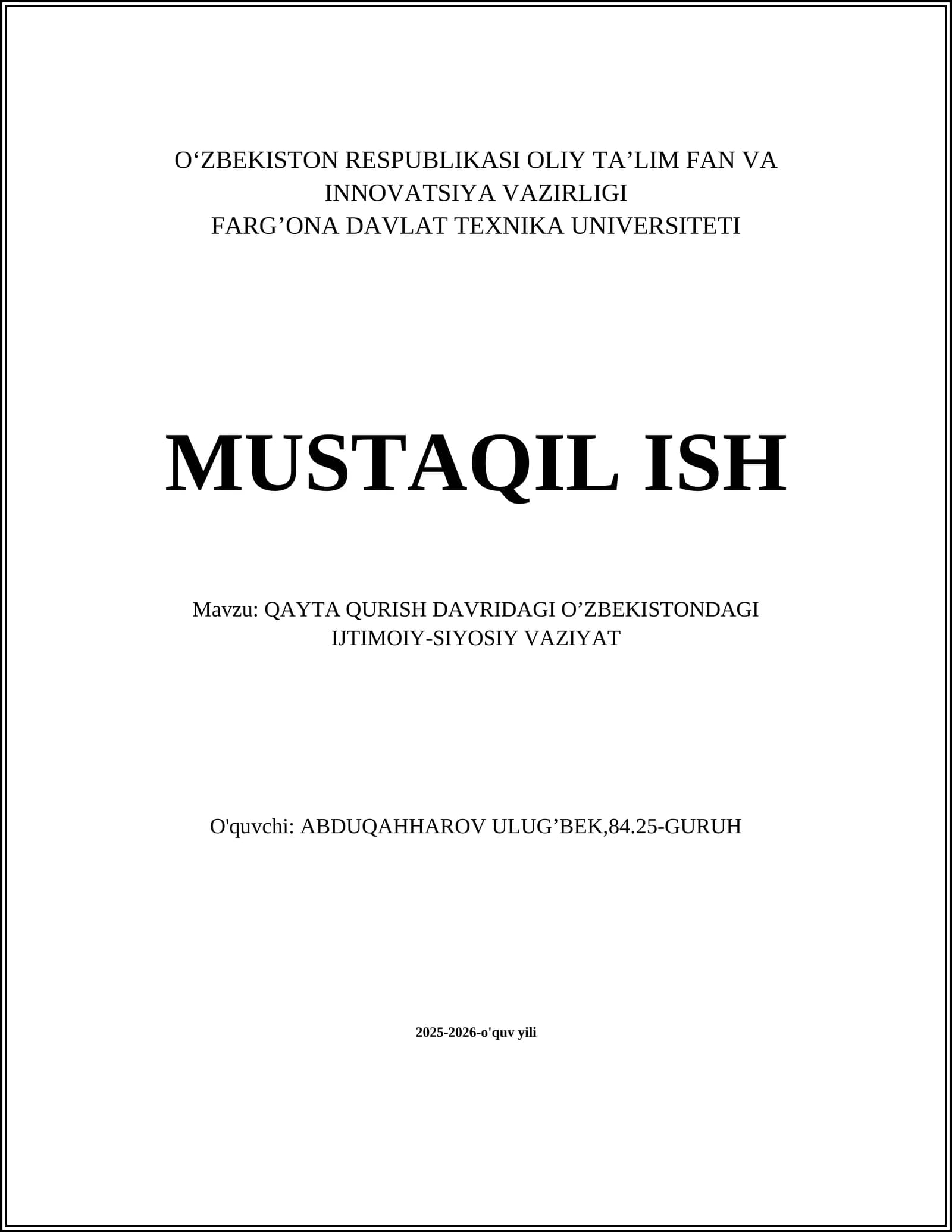 QAYTA QURISH DAVRIDAGI O’ZBEKISTONDAGI IJTIMOIY-SIYOSIY VAZIYAT