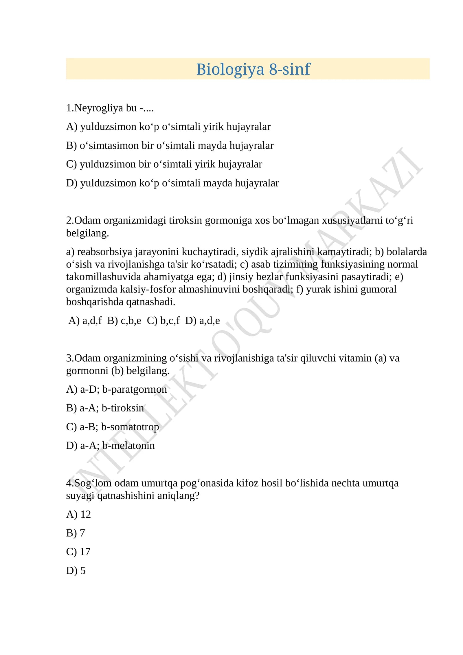 Biologiya 8-sinf umumiy. Milliy sertifikat darajasida