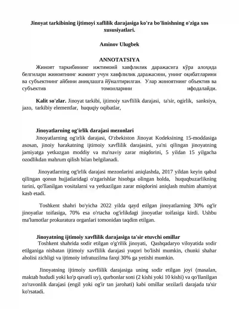 Jinoyat tarkibining ijtimoyi xaflilik darajasiga ko'ra bo'linishning o'ziga xos xususiyatlari