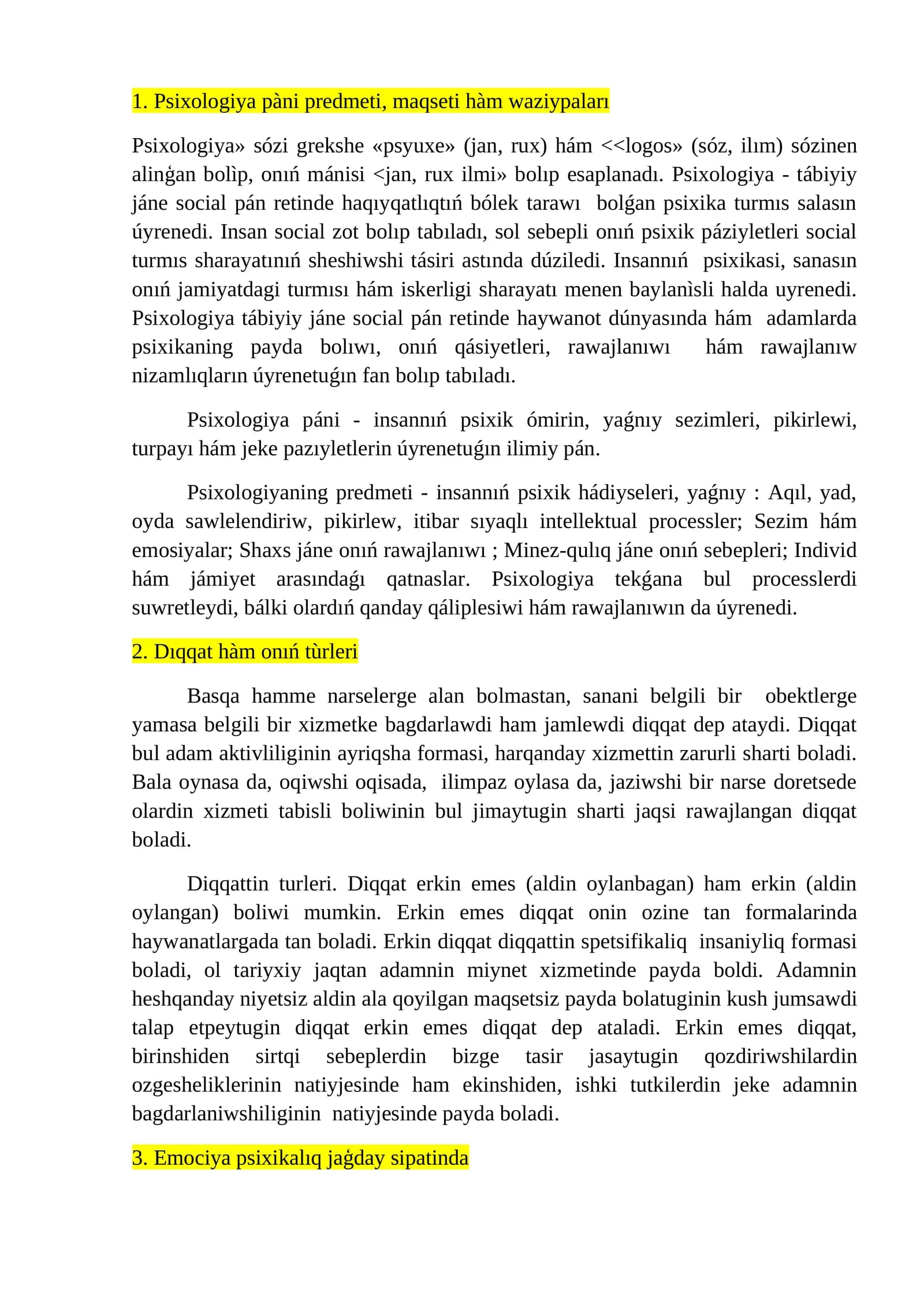 Psixologiya pàni predmeti, maqseti hàm waziypaları