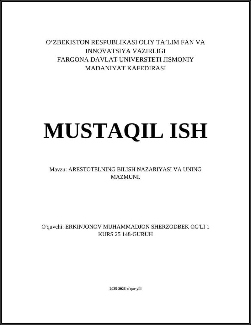 Arestotelning bilish nazariyasi va uning mazmuni
