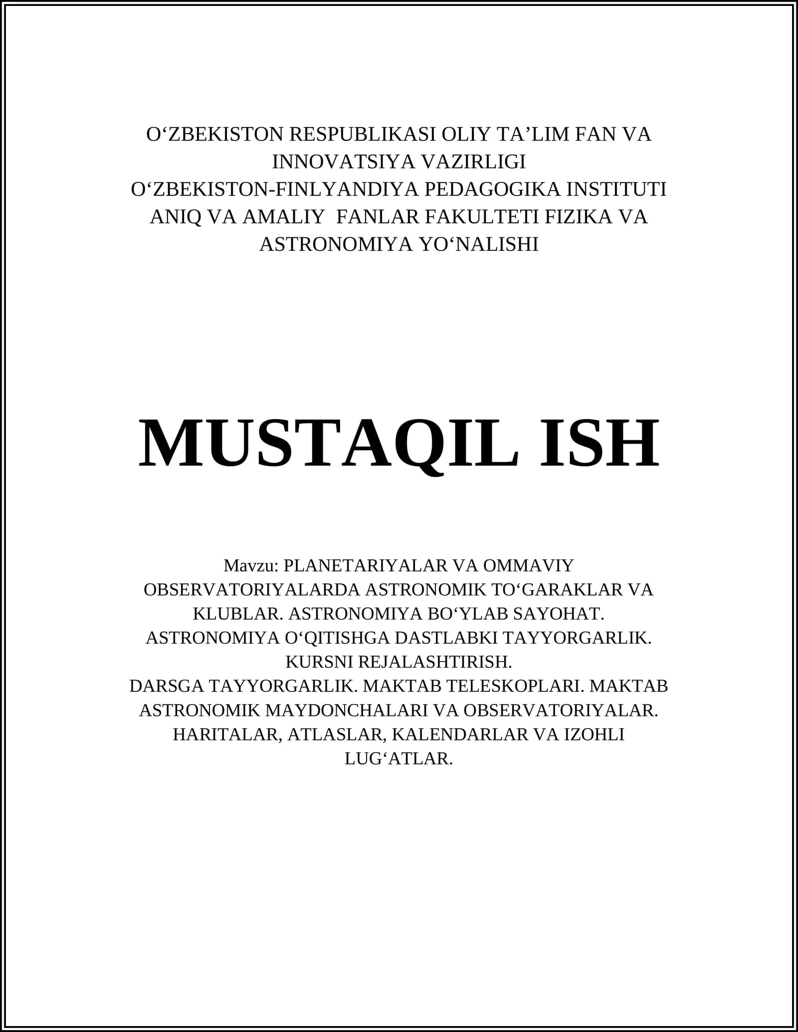 ASTRONOMIYA O‘QITISHGA DASTLABKI TAYYORGARLIK