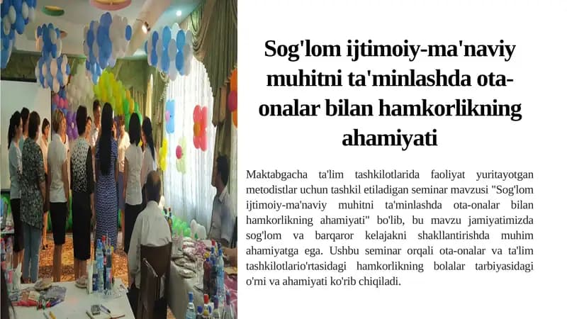 Seminar "Sog'lom ijtimoiy-ma'naviy muhitni ta'minlashda ota-onalar bilan hamkorlikning ahamiyati"