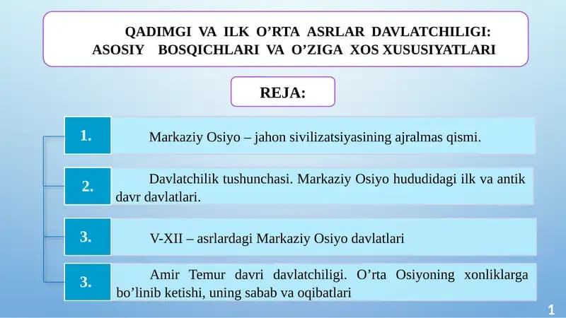 QADIMGI VA ILK O’RTA ASRLAR DAVLATCHILIGI: ASOSIY  BOSQICHLARI VA O’ZIGA XOS XUSUSIYATLARI