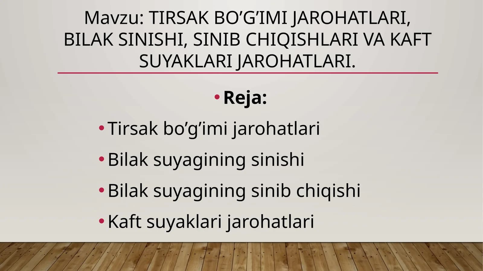 tirsak bo’g’imi jarohatlari, bilak sinishi, sinib chiqishlari va kaft suyaklari jarohatlari