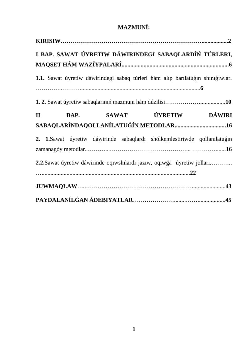 SAWAT ÚYRETIW DÁWIRINDE SABAQ TÚRLERI QARAQALPAQSHA KURS JUMISI