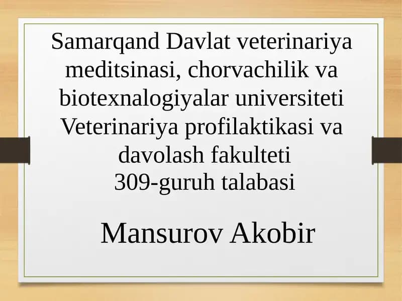 Veterinariya ishini tashkil etish, sanitariya ekspertizasi va akusherligi