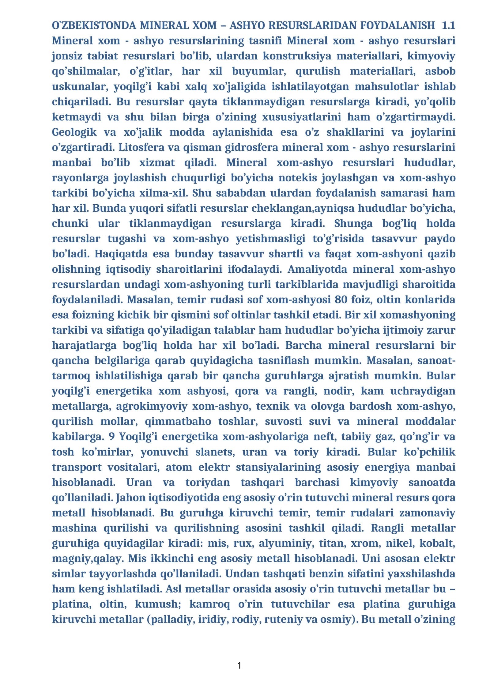 O`ZBEKISTONDA MINERAL XOM – ASHYO RESURSLARIDAN FOYDALANISH
