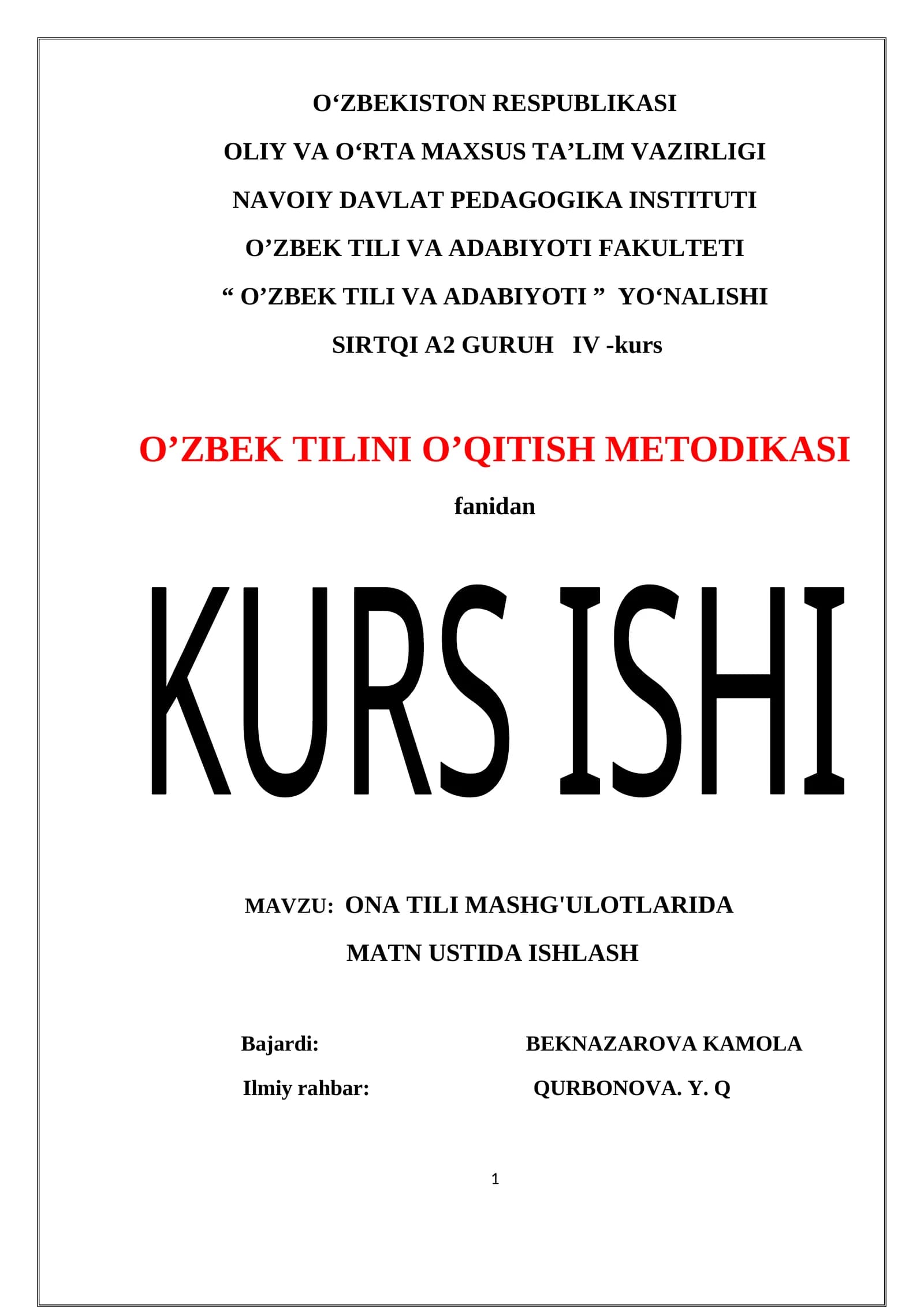 O'zbek tilini o'qitish metodikasi