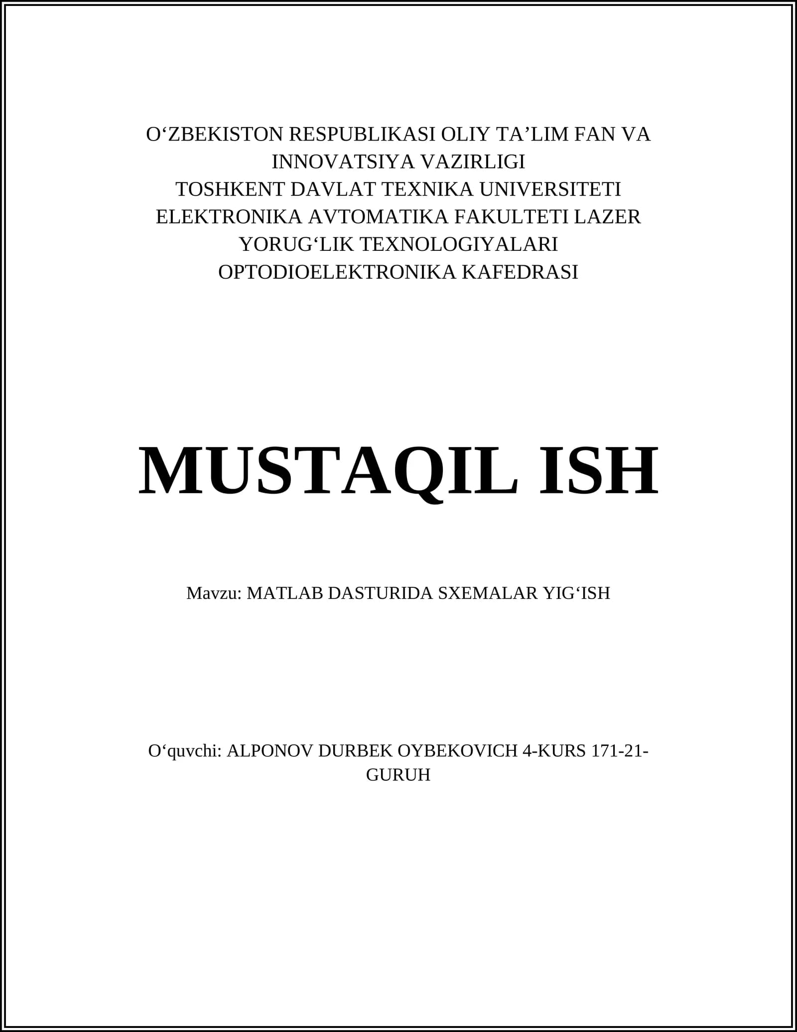 MATLAB DASTURIDA SXEMALAR YIGʻISH
