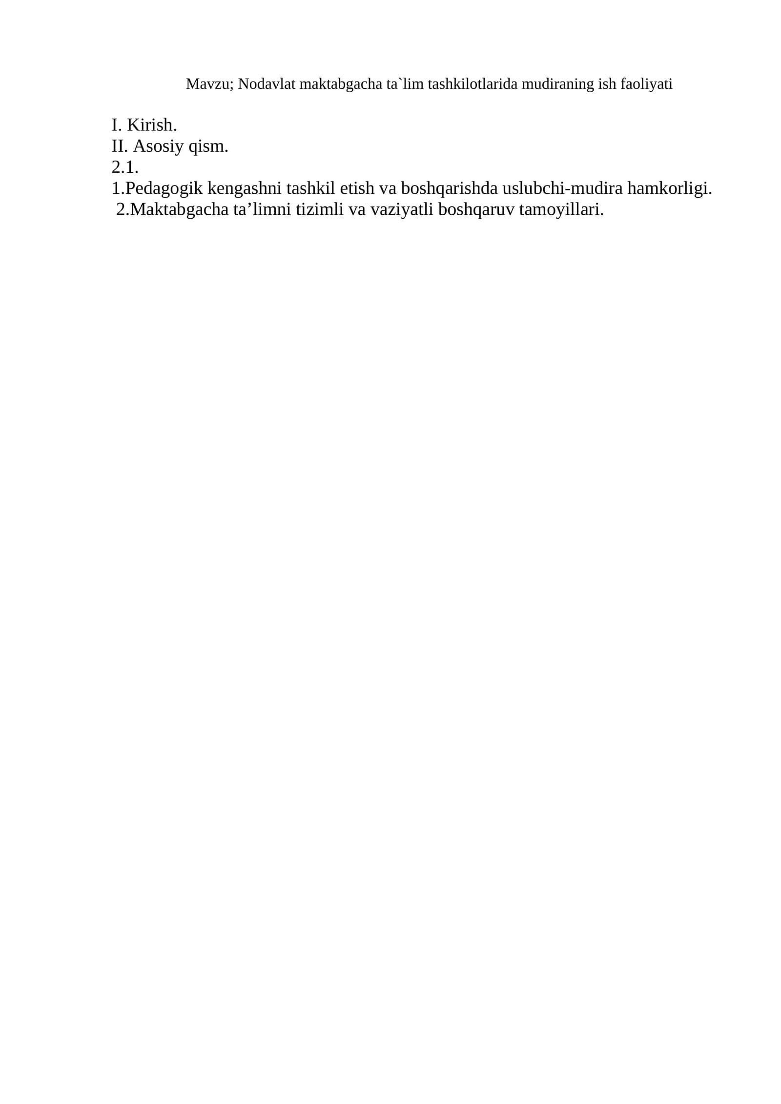 Nodavlat maktabgacha ta`lim tashkilotlarida mudiraning ish faoliyati