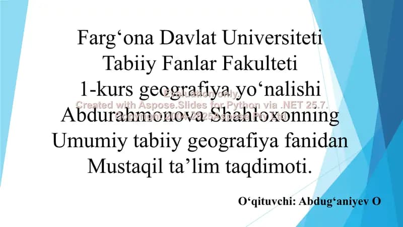 Umumiy tabiiy geografiya fanidan Mustaqil ta’lim taqdimoti