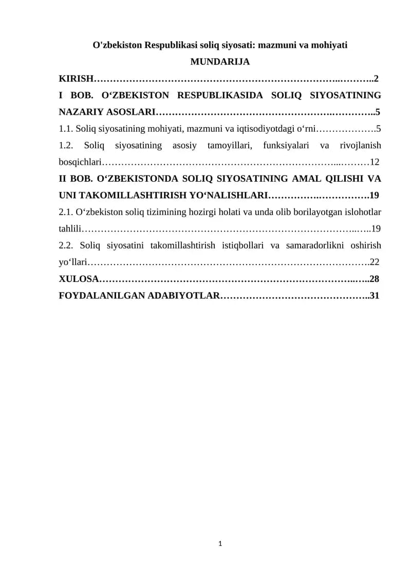 O'zbekiston Respublikasi soliq siyosati: mazmuni va mohiyati