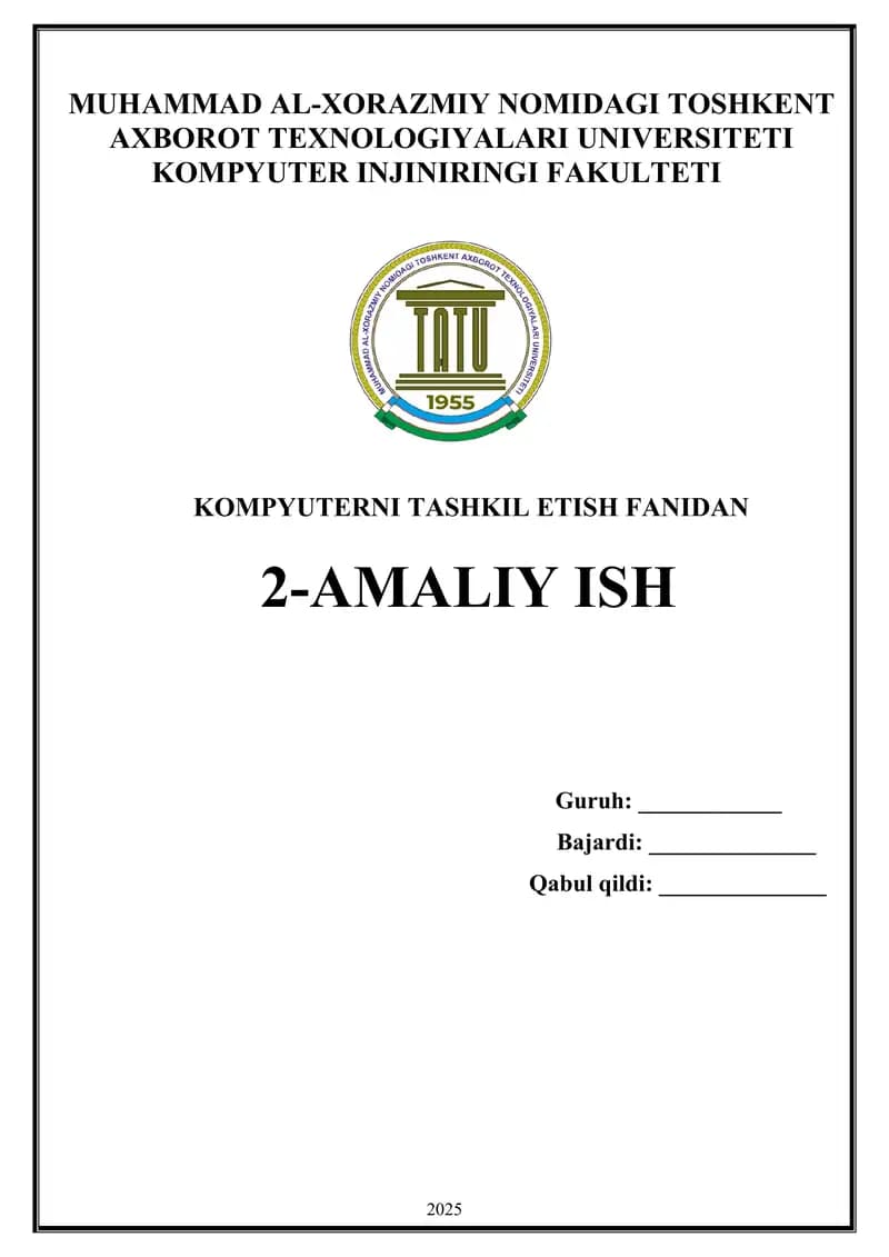 Kompyuterni tashkil qilishning arifmetik asoslari. Turli xil sanoq tizimlarida arifmetik operatsiyalarni bajarish. Buyruqlar tizimining arxitekturasi. Assembler tilining asosiy operatorlari bilan tanishish. tartib raqam 6