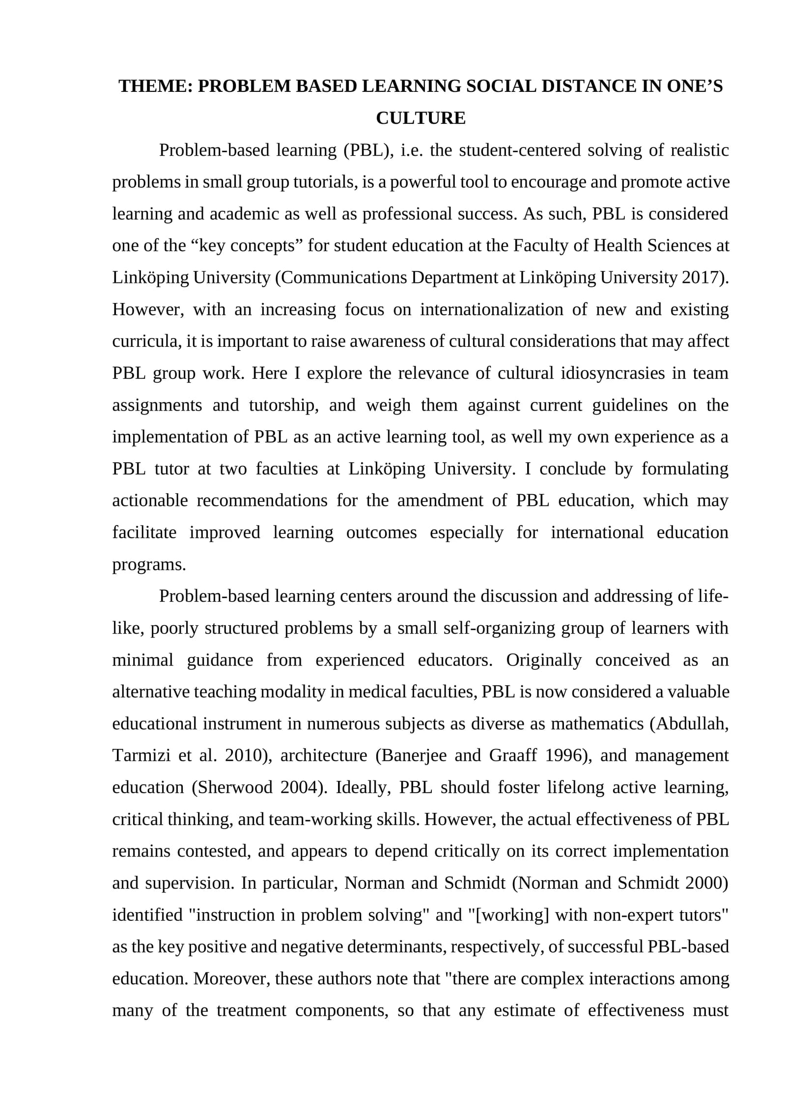 PROBLEM BASED LEARNING SOCIAL DISTANCE IN ONE’S CULTURE