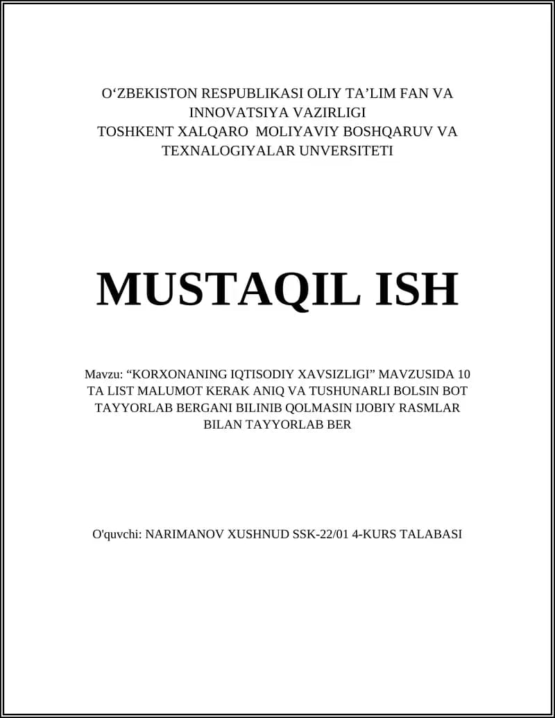 "KORXONANING IQTISODIY XAVSIZLIGI"