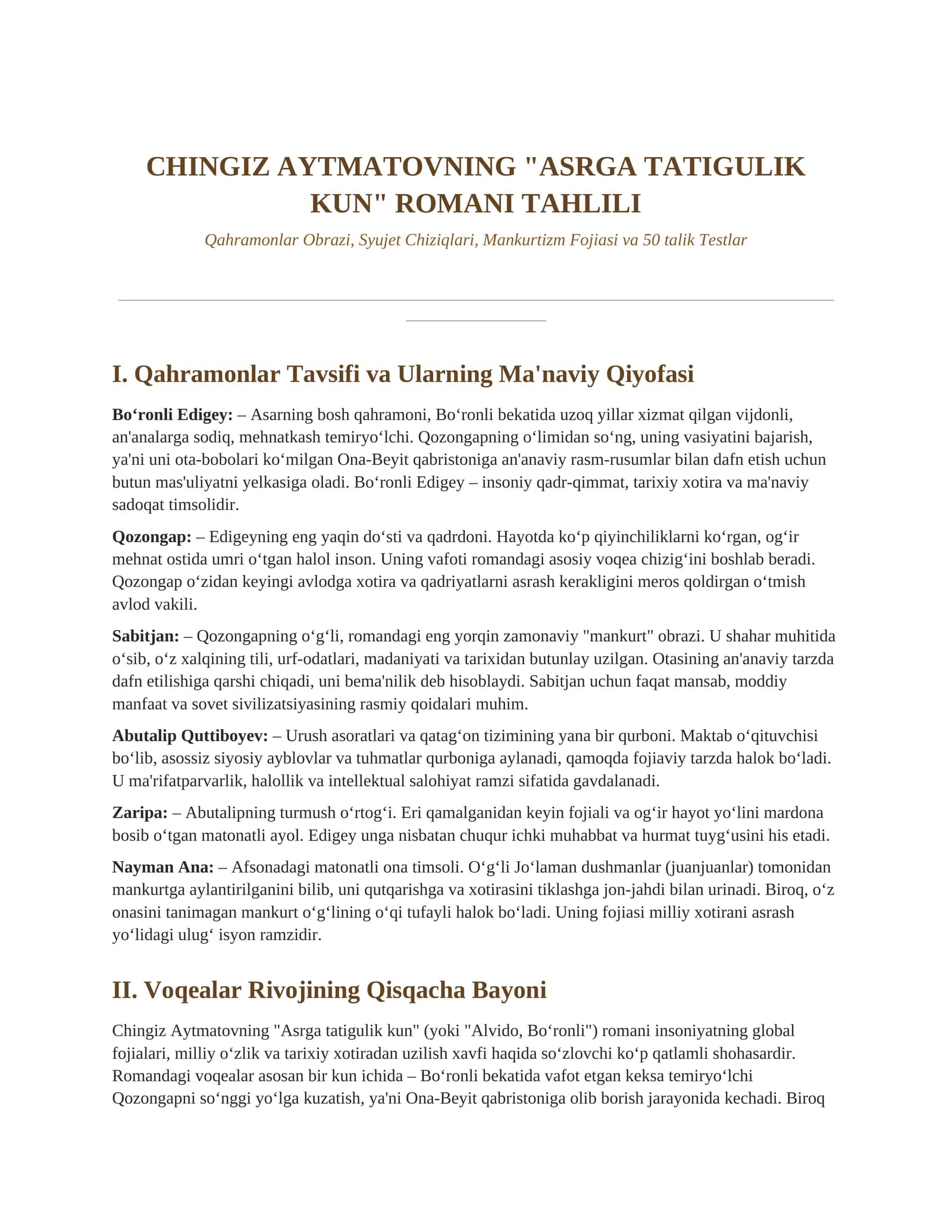 CHINGIZ AYTMATOVNING "ASRGA TATIGULIK KUN" ROMANI TAHLILI