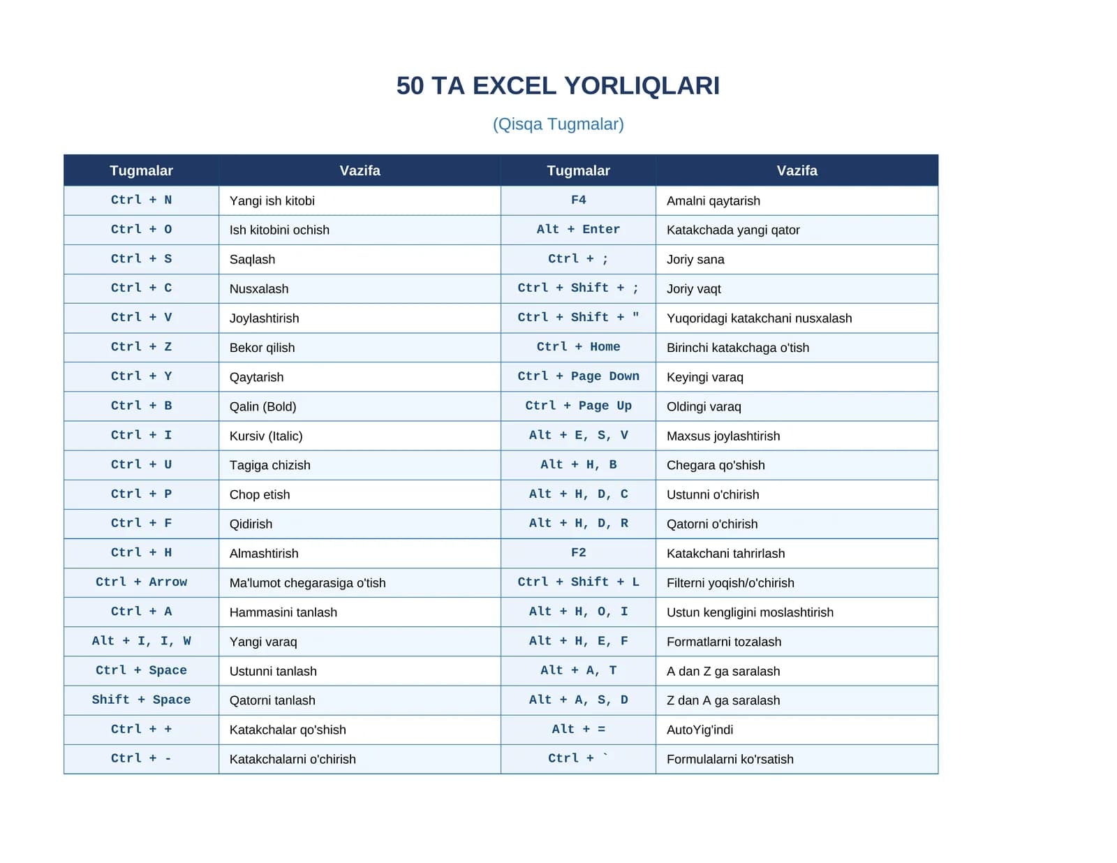 50 TA EXCEL YORLIQLARI