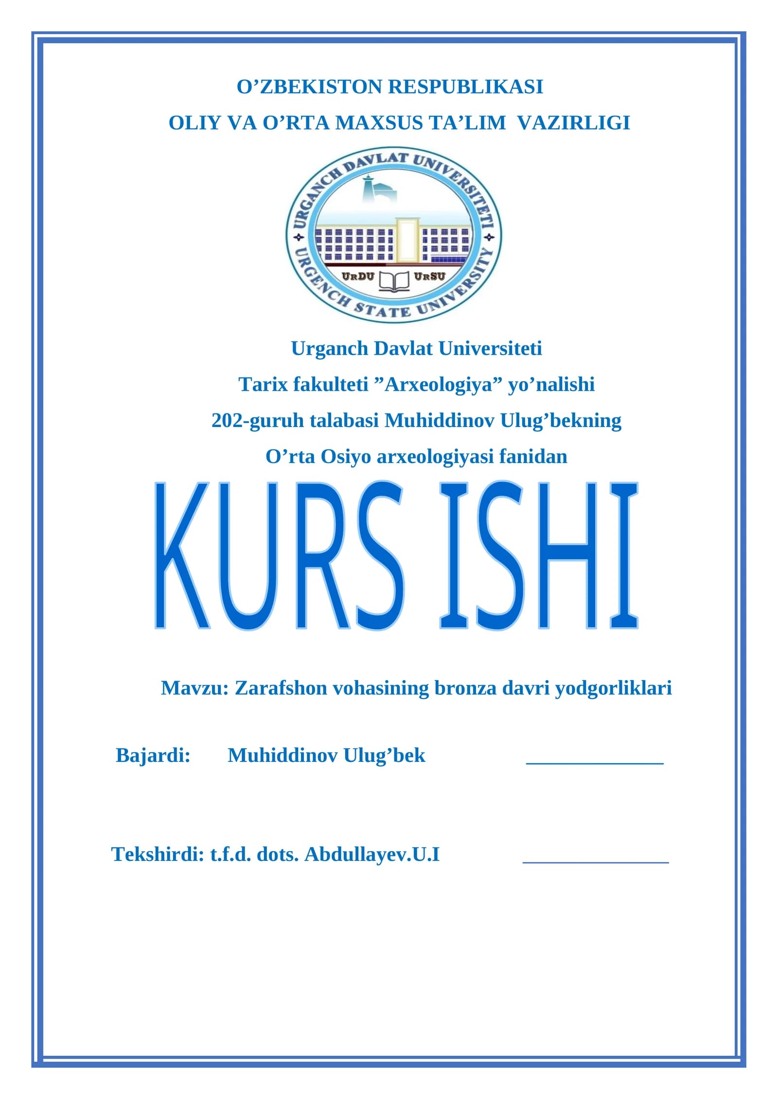 Zarafshon vohasining bronza davri yodgorliklari