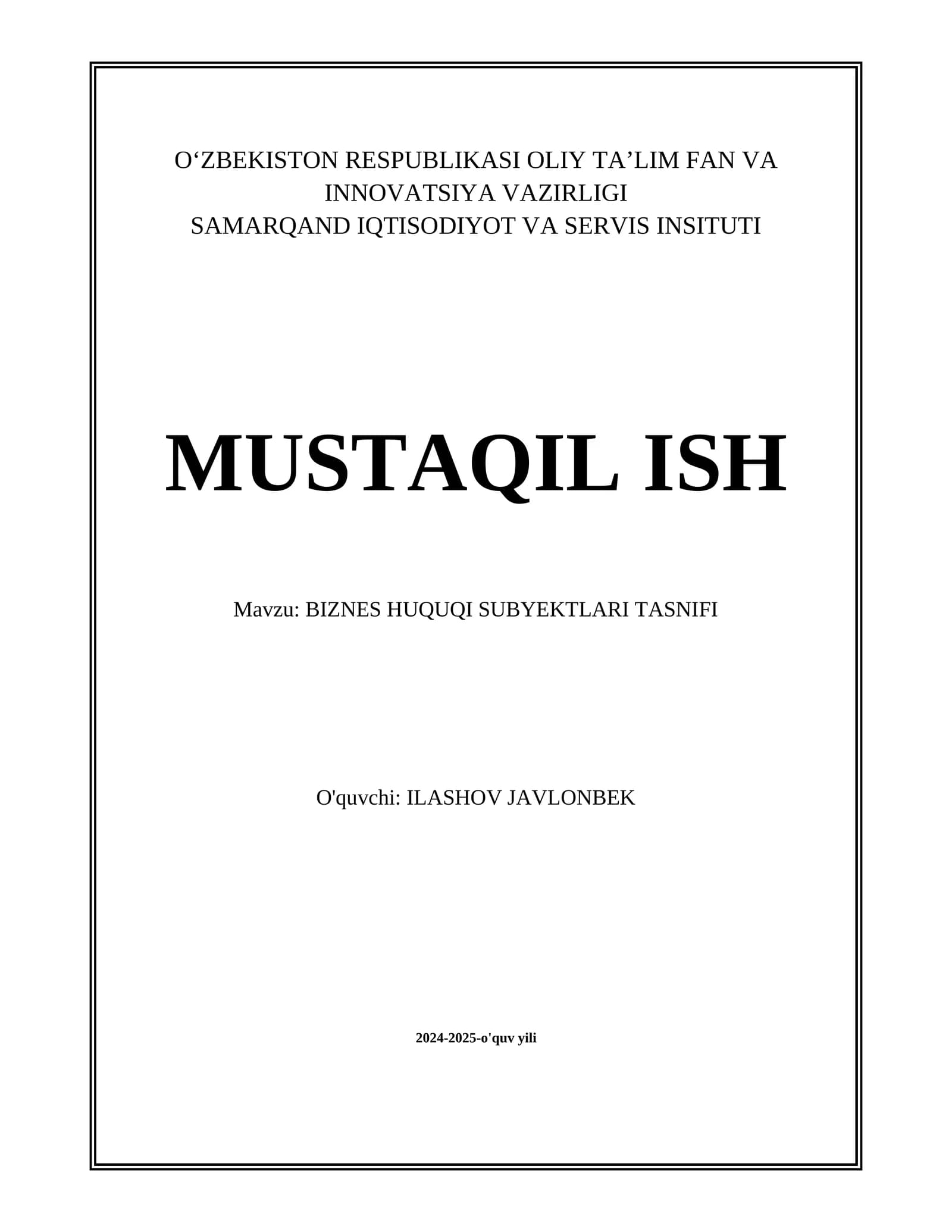 Biznes Huquqi Subyektlari Tasnifi