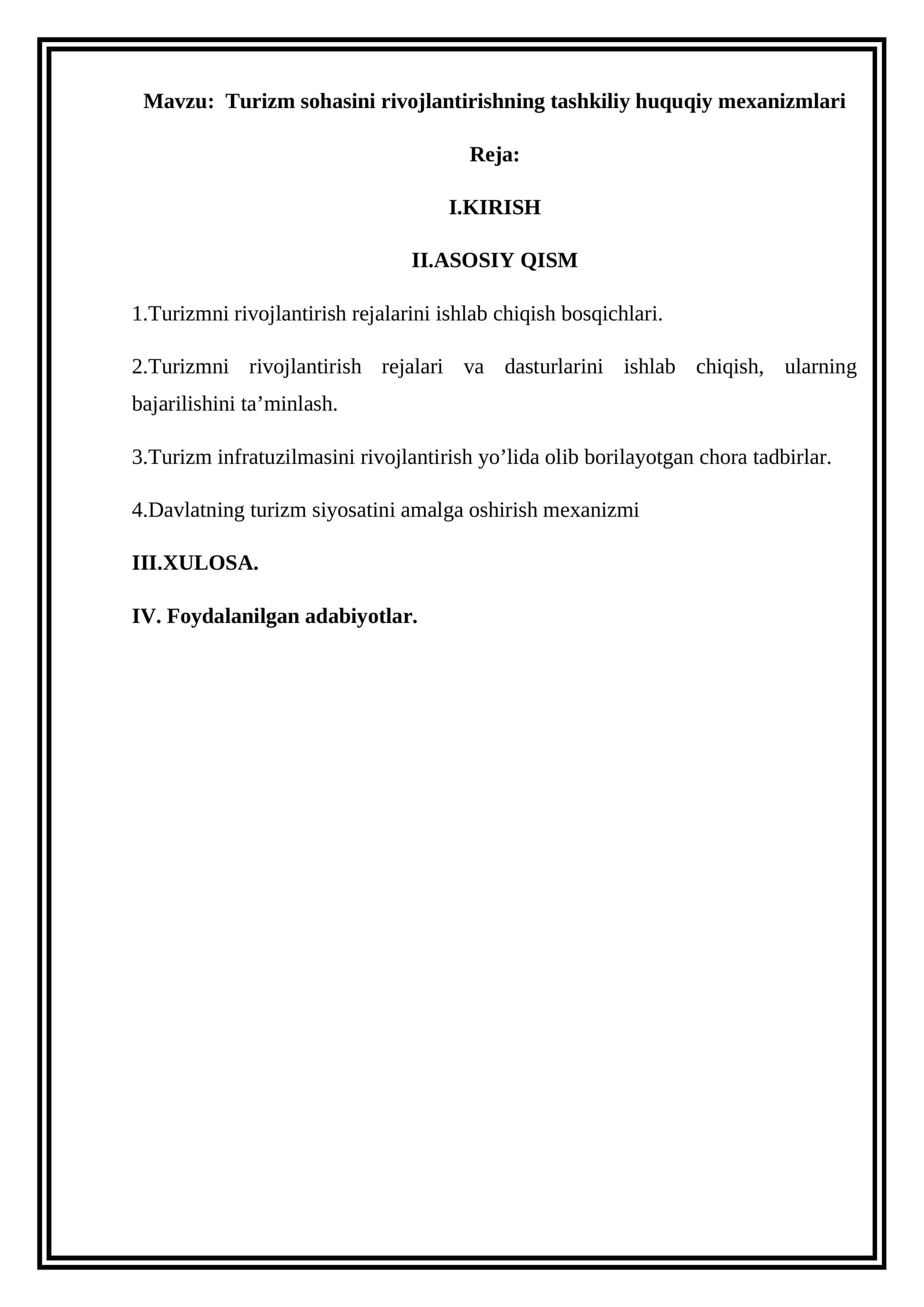 Turizm sohasini rivojlantirishning tashkiliy huquqiy mexanizmlari