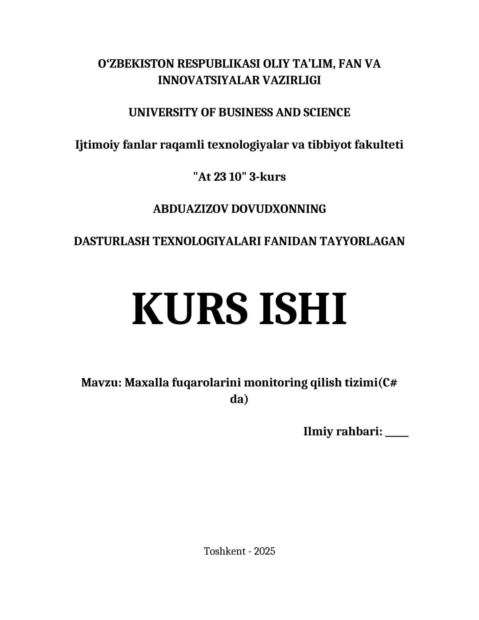 MAXALLA FUQAROLARINI MONITORING QILISH TIZIMI(C# DA)