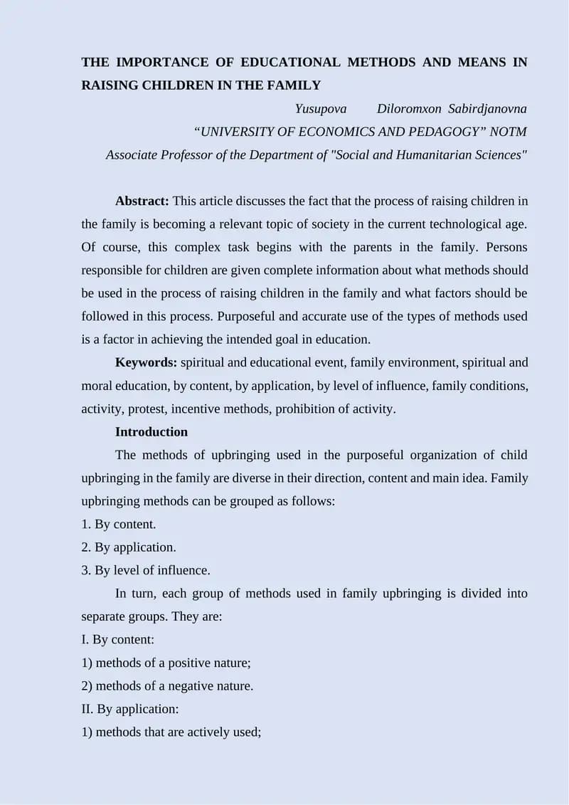 THE IMPORTANCE OF EDUCATIONAL METHODS AND MEANS IN RAISING CHILDREN IN THE FAMILY