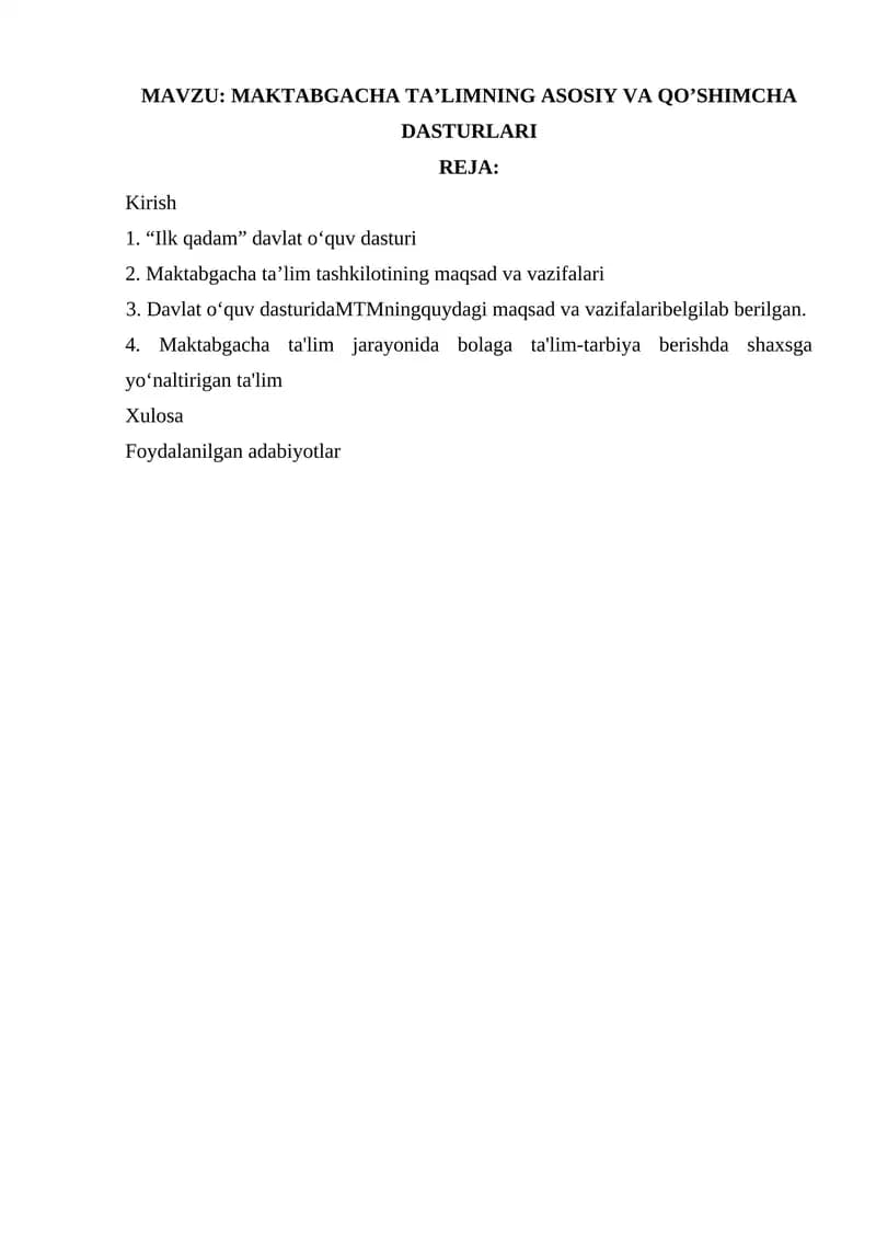 MAKTABGACHA TA’LIMNING ASOSIY VA QO’SHIMCHA DASTURLARI