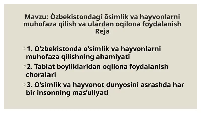 Òzbekistondagi o'simlik va hayvonlarni muhofaza qilish va ularidan oqilona foydalanish Reja