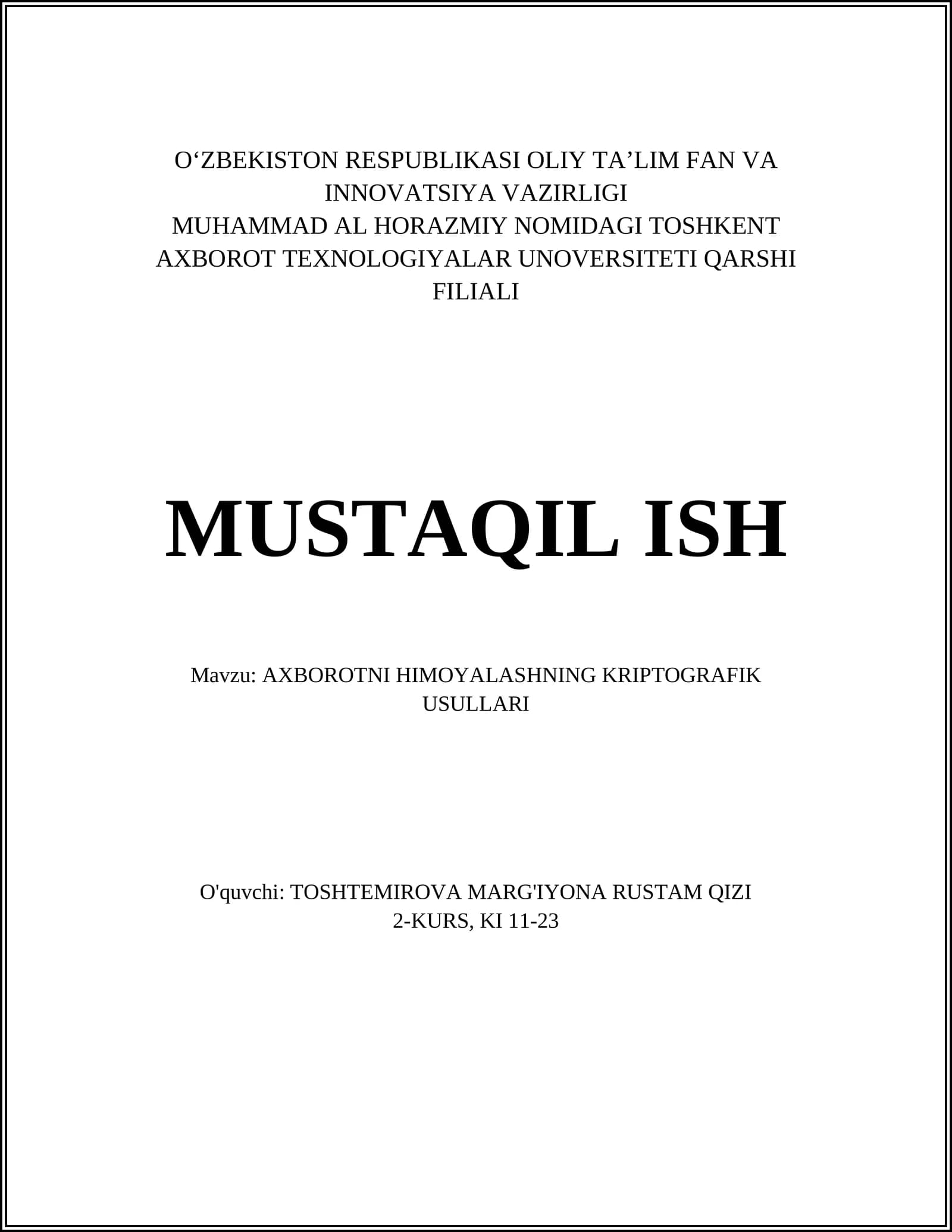Axborotni himoyalashning kriptografik usullari