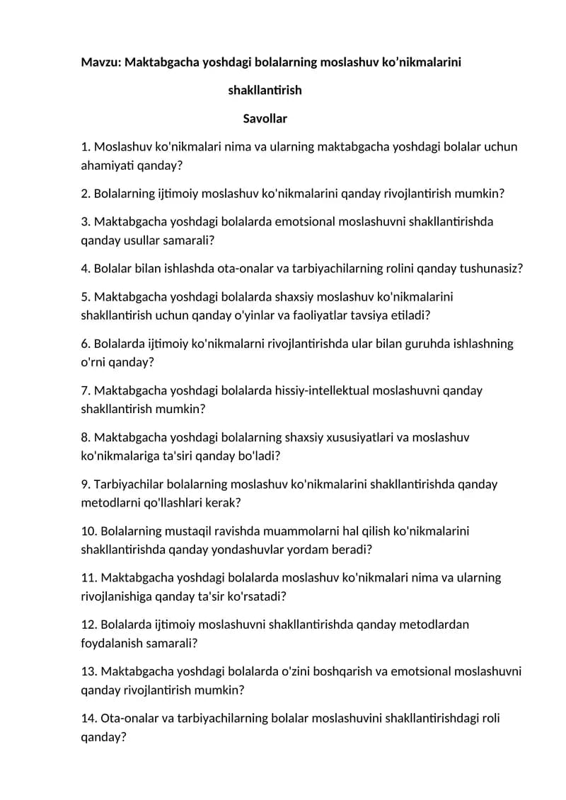 Maktabgacha yoshdagi bolalarning moslashuv ko’nikmalarini shakllantirish