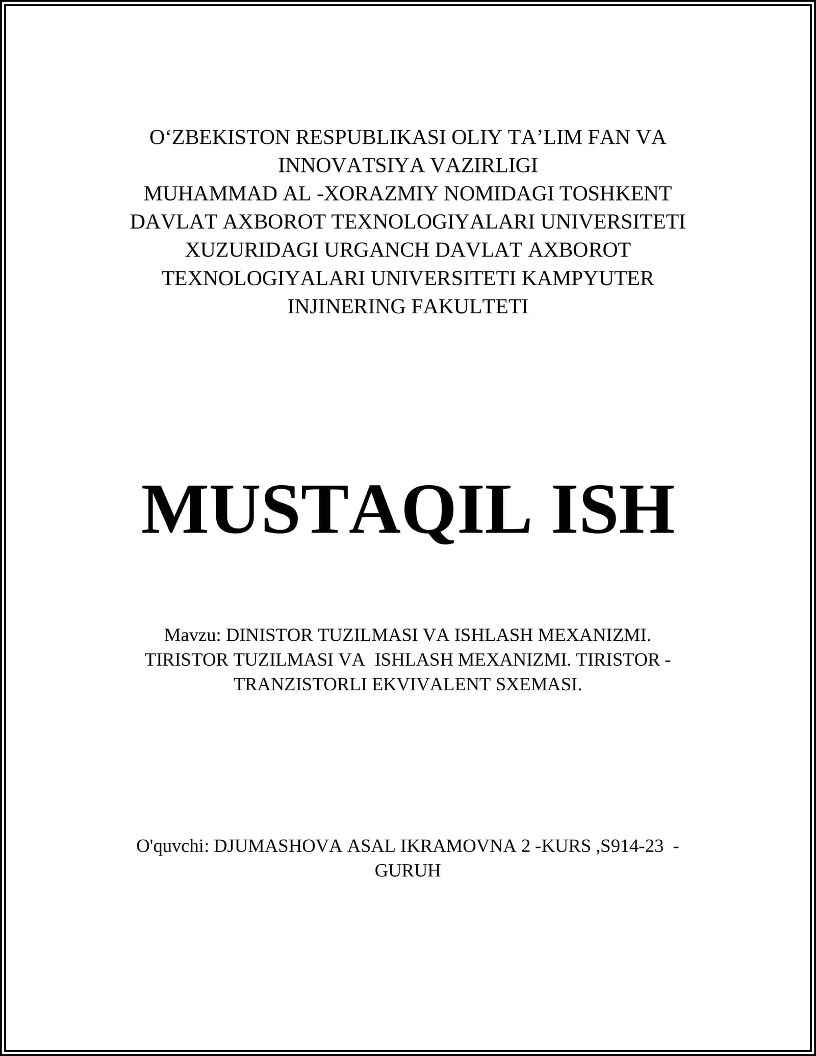 DINISTOR TUZILMASI VA ISHLASH MEXANIZMI. TIRISTOR TUZILMASI VA ISHLASH MEXANIZMI. TIRISTOR - TRANZISTORLI EKVIVALENT SXEMASI