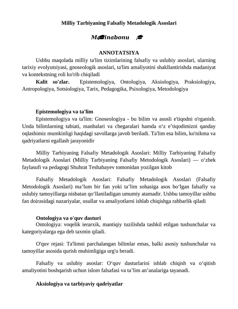Milliy Tarbiyaning Falsafiy Metadologik Asoslari
