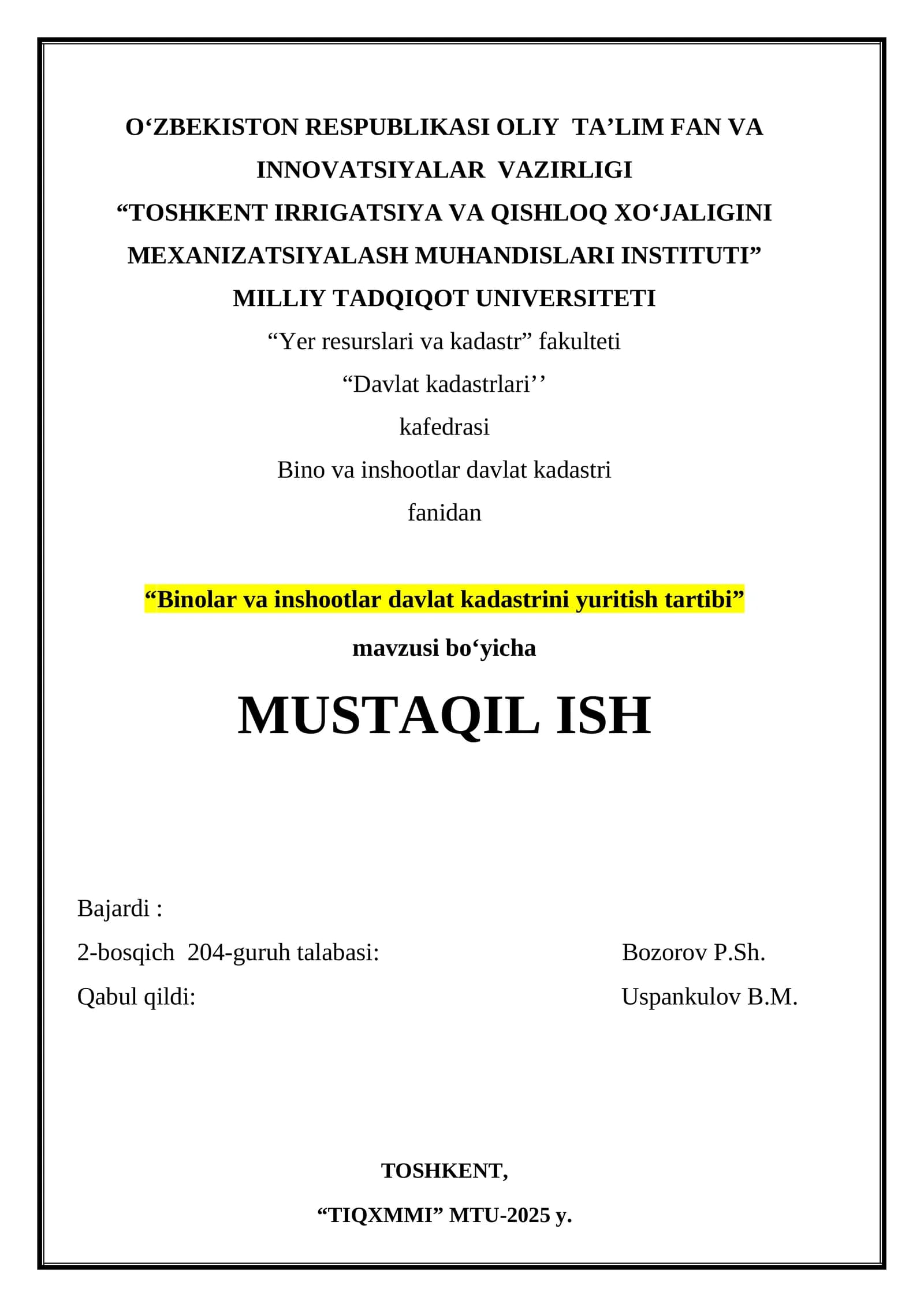 "Binolar va inshootlar davlat kadastrini yuritish tartibi"