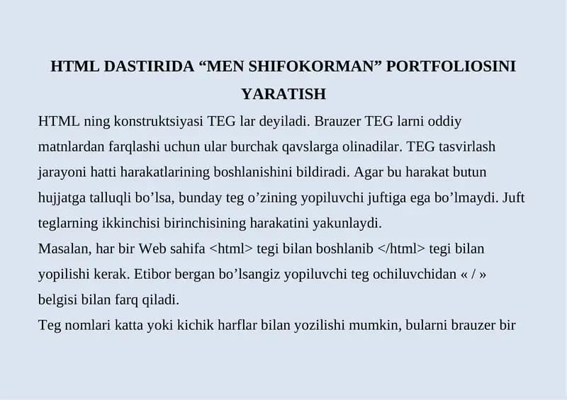 HTML DASTIRIDA “MEN SHIFOKORMAN” PORTFOLIOSINI YARATISH