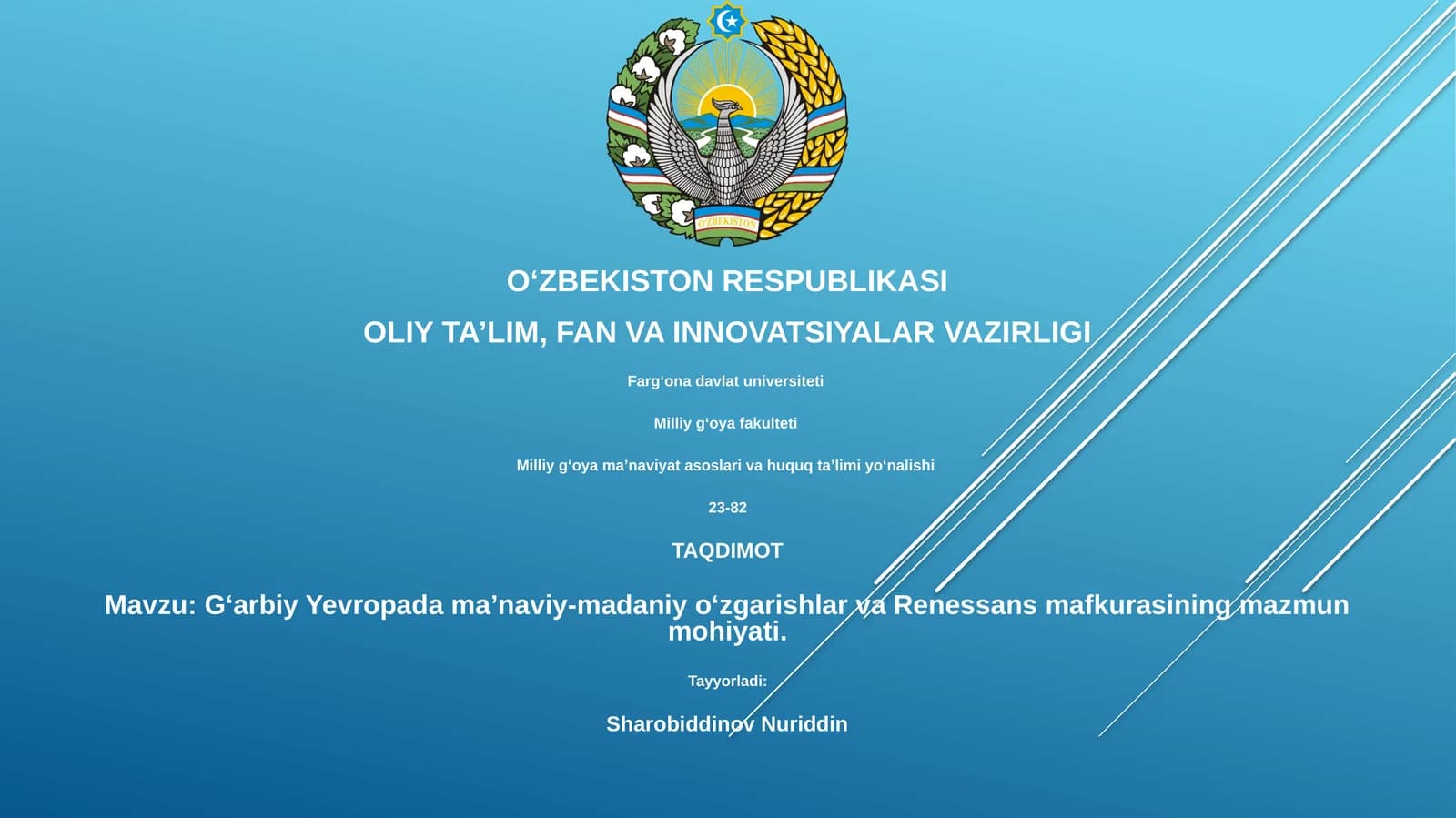 Gʻarbiy Yevropada maʼnaviy-madaniy oʻzgarishlar va Renessans mafkurasining mazmun mohiyati
