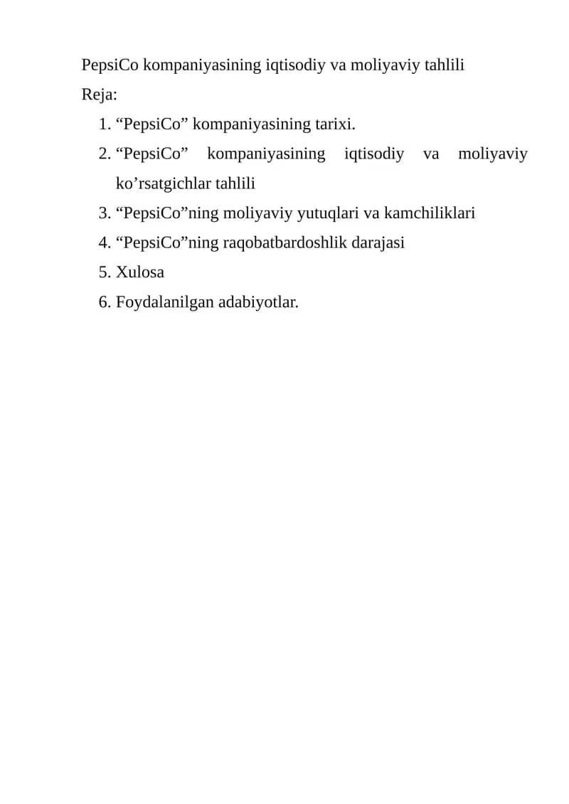 Pepsi kompaniyasining iqtisodiy tahlili