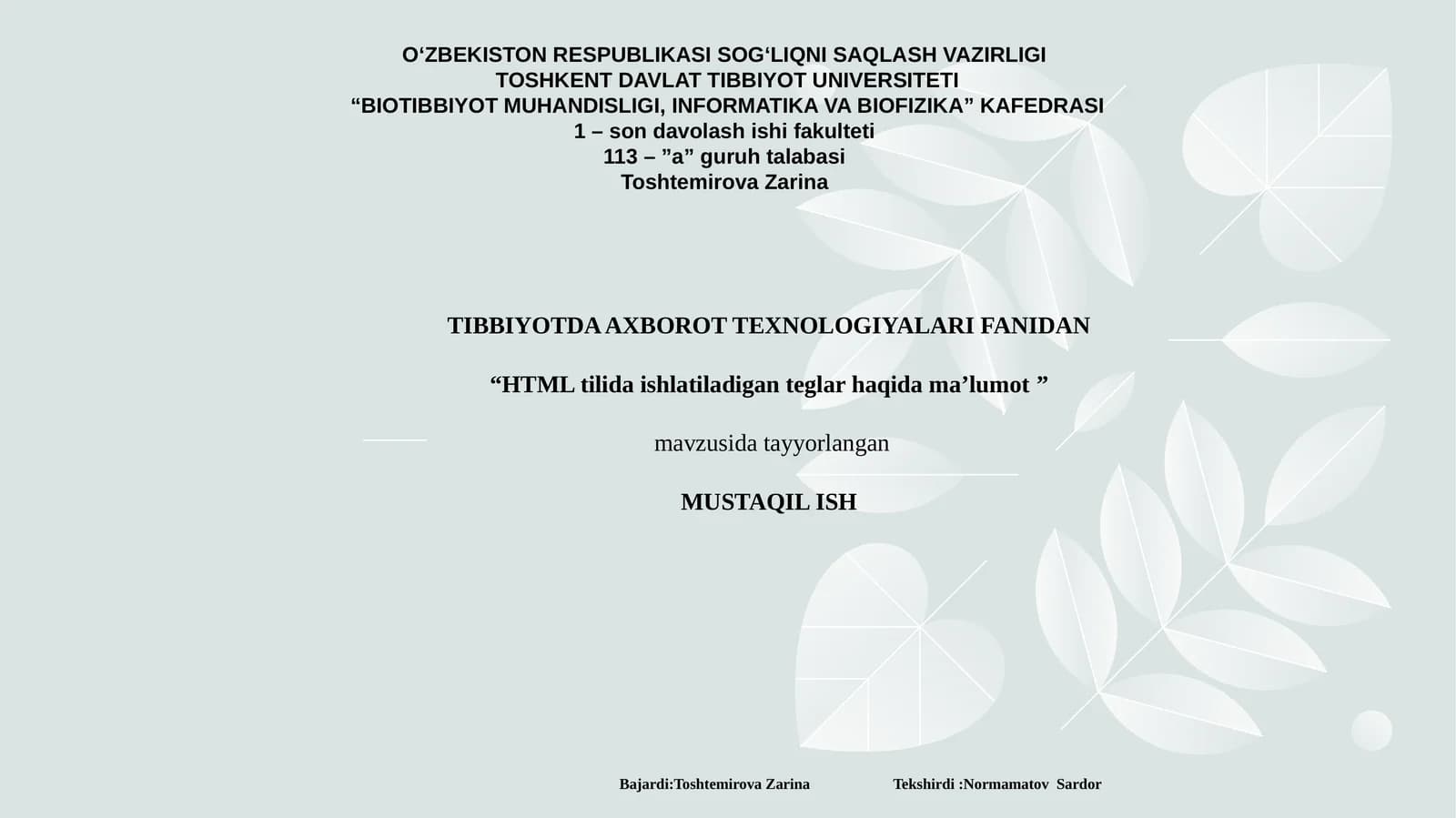 TIBBIYOTDA AXBOROT TEXNOLOGIYALARI FANIDAN “HTML tilida ishlatiladigan teglar haqida ma’lumot” mavzusida tayyorlangan MUSTAQIL ISH
