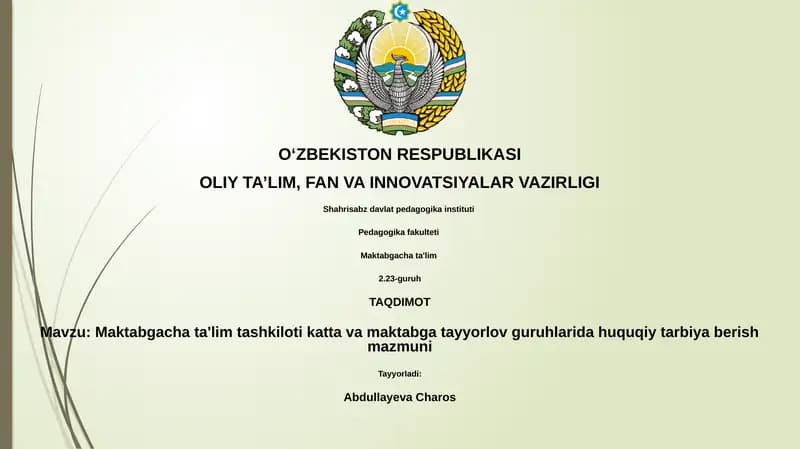 Maktabgacha ta'limda huquqiy ta'limning mazmuni va ahamiyati