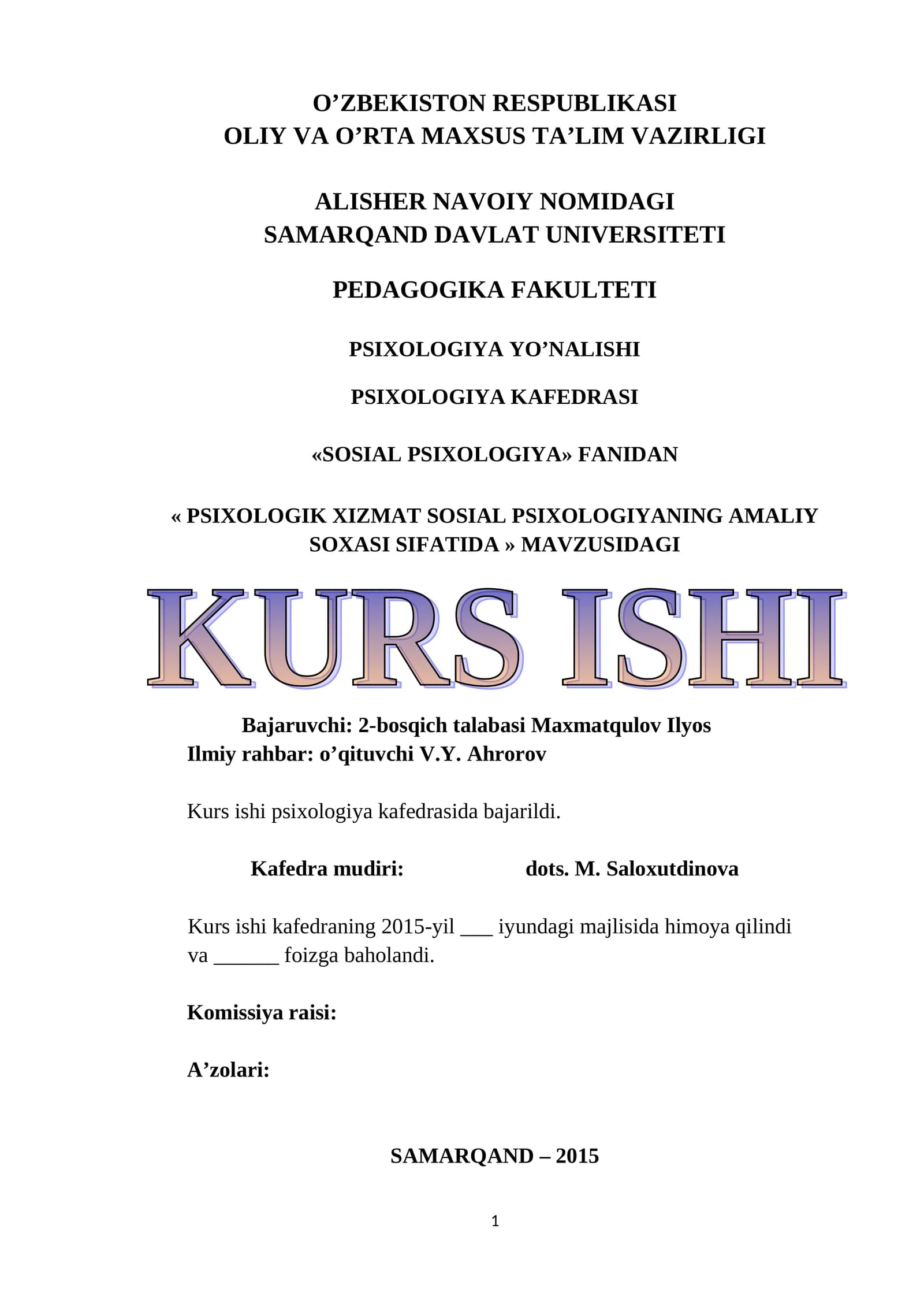 PSIXOLOGIK XIZMAT SOSIAL PSIXOLOGIYADANING AMALIY SOXASI SIFATIDA