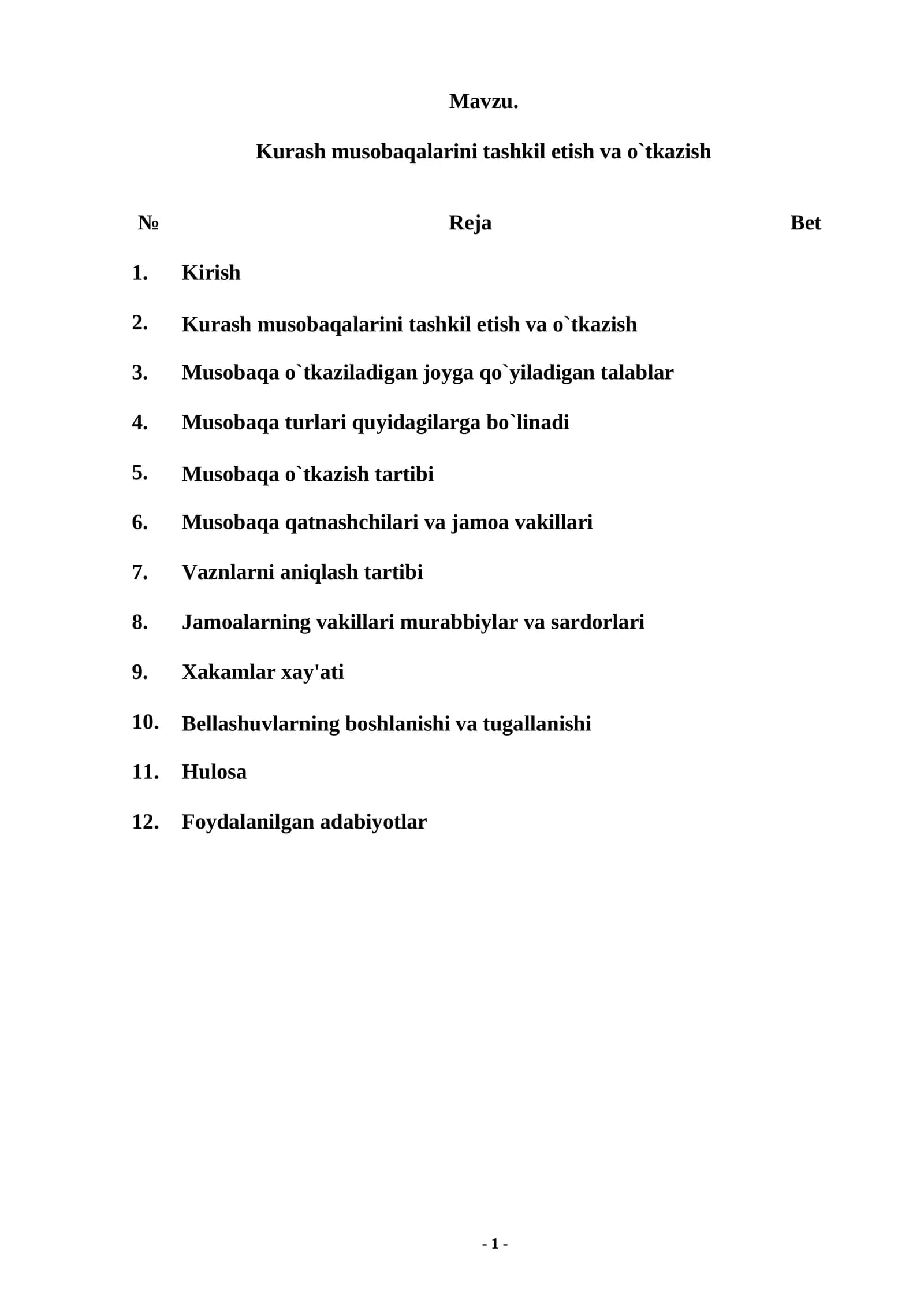 Kurash musobaqalarini tashkil etish va o`tkazish