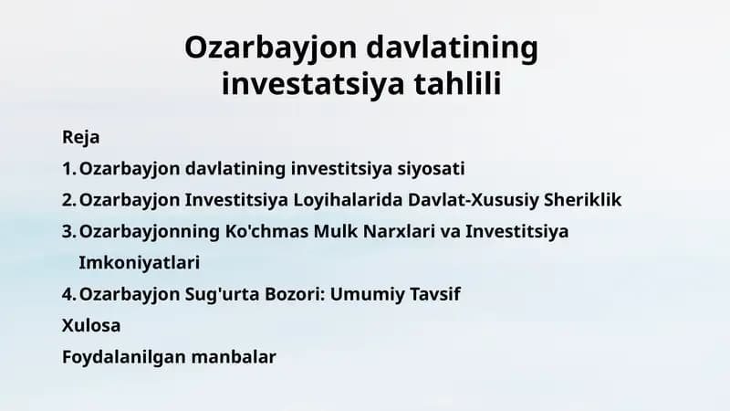 Ozarbayjon davlatining investatsiya tahlili