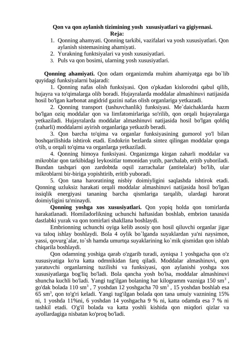 Qon va qon aylanish tizimining yosh xususiyatlari va gigiyenasi